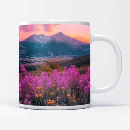 Pink Wildflowers Mountain Sunset Landscape