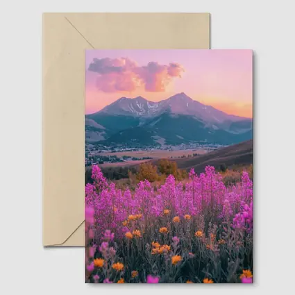 Pink Wildflowers Mountain Sunset Landscape
