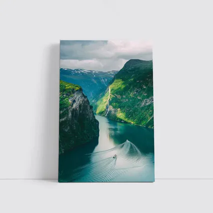 Norwegian Fjord Waterfall Boat Green Mountains