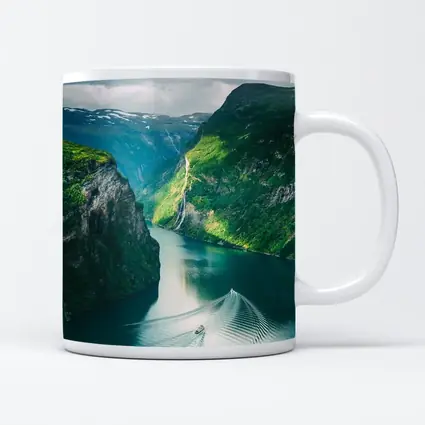 Norwegian Fjord Waterfall Boat Green Mountains