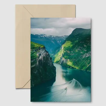 Norwegian Fjord Waterfall Boat Green Mountains