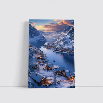 Snowy Mountain Village Fjord Winter Sunset