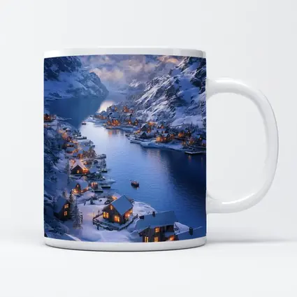 Snowy Mountain Village Fjord Winter Sunset