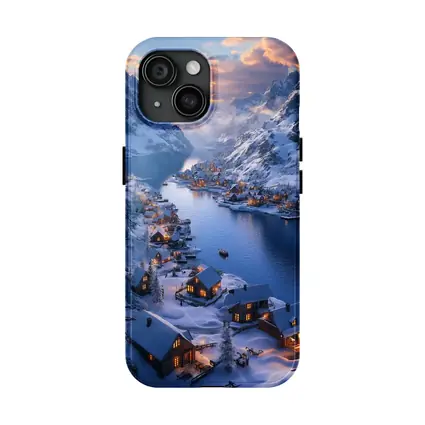Snowy Mountain Village Fjord Winter Sunset