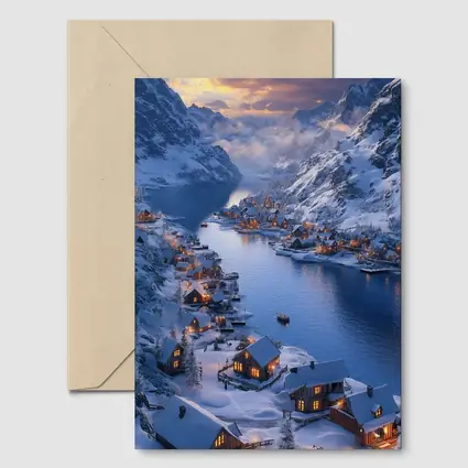 Snowy Mountain Village Fjord Winter Sunset