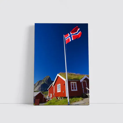 Norwegian Flag Red Cabins Lofoten Mountains