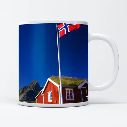 Norwegian Flag Red Cabins Lofoten Mountains