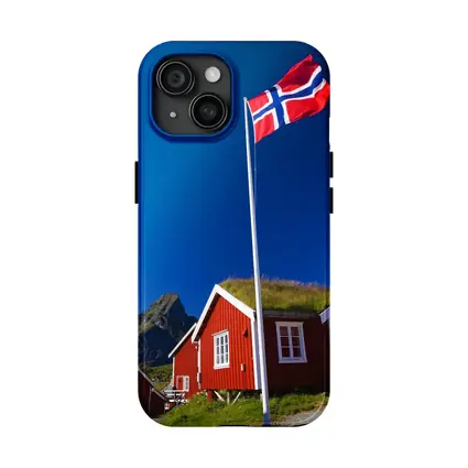 Norwegian Flag Red Cabins Lofoten Mountains