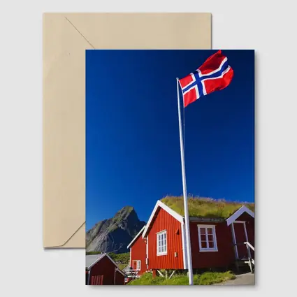 Norwegian Flag Red Cabins Lofoten Mountains