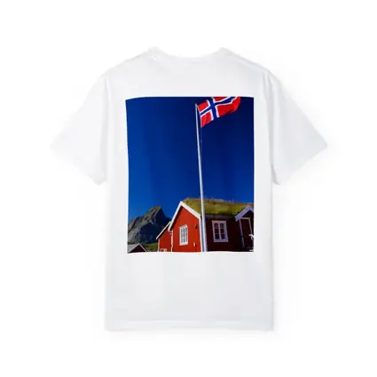 Norwegian Flag Red Cabins Lofoten Mountains