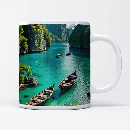 Turquoise Lagoon Boats Karst Cliffs Thailand