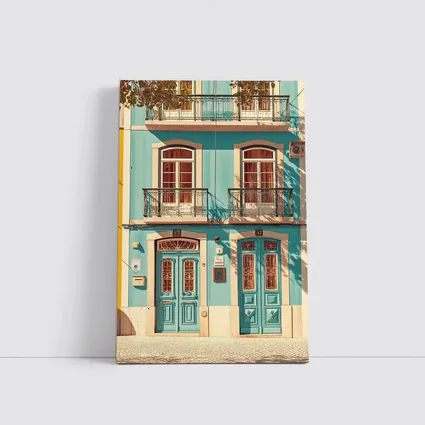Teal Portuguese Building Facade Sunny Street