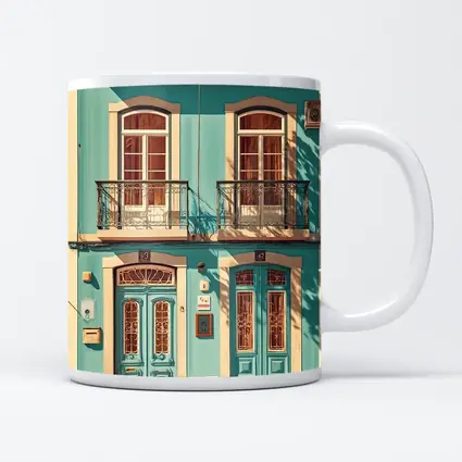 Teal Portuguese Building Facade Sunny Street