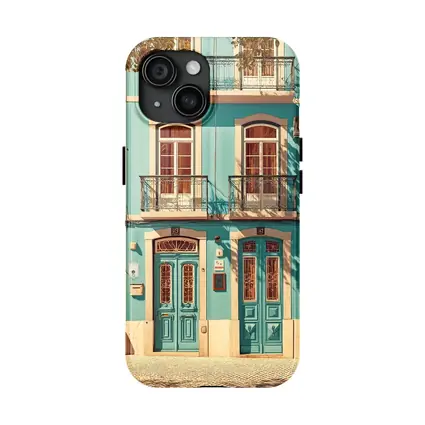 Teal Portuguese Building Facade Sunny Street