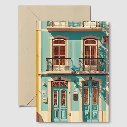 Teal Portuguese Building Facade Sunny Street