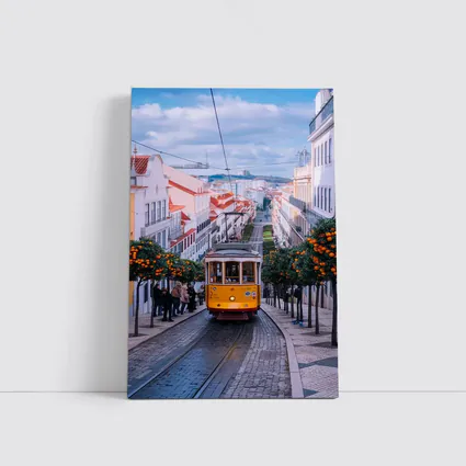 Yellow Tram Lisbon Street Orange Trees