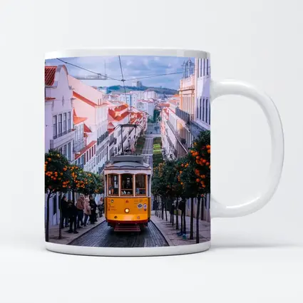 Yellow Tram Lisbon Street Orange Trees