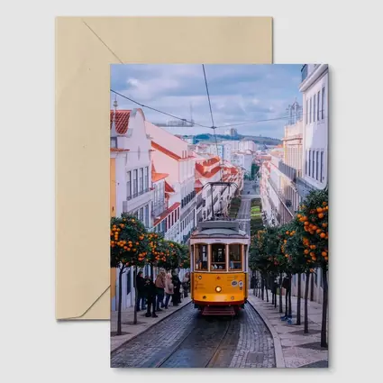 Yellow Tram Lisbon Street Orange Trees