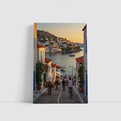 Greek Island Village Street At Sunset