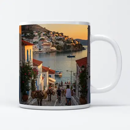 Greek Island Village Street At Sunset