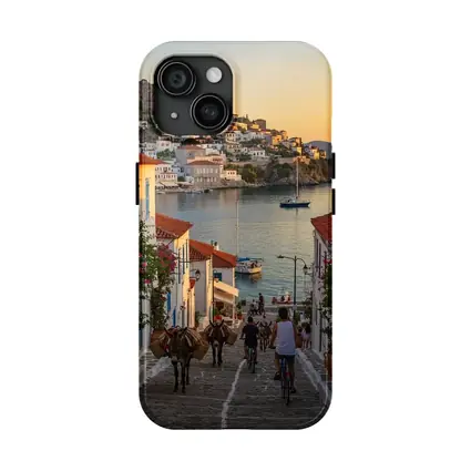 Greek Island Village Street At Sunset