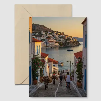 Greek Island Village Street At Sunset