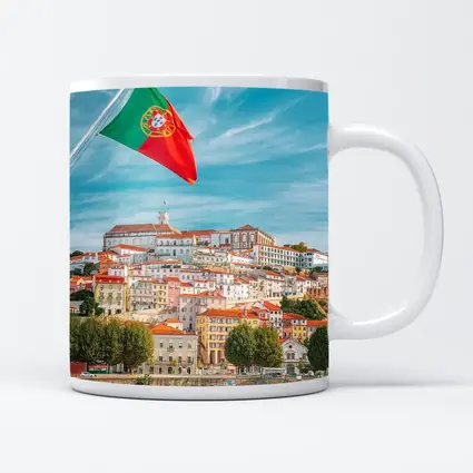 Portugal Flag Over Coimbra City Skyline
