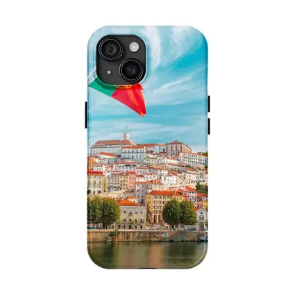 Portugal Flag Over Coimbra City Skyline
