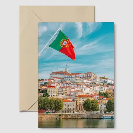 Portugal Flag Over Coimbra City Skyline
