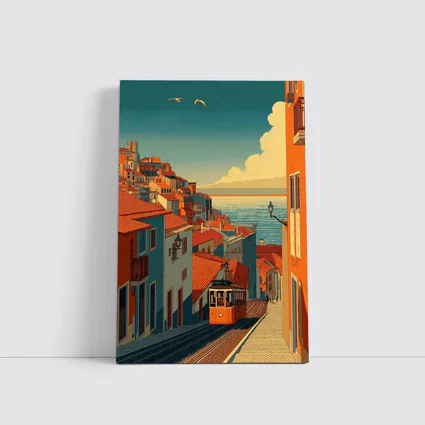 Lisbon Tram Hillside Street Retro Illustration