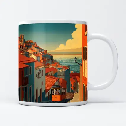 Lisbon Tram Hillside Street Retro Illustration