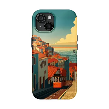 Lisbon Tram Hillside Street Retro Illustration