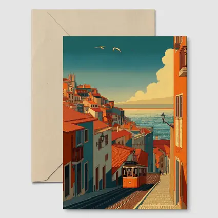 Lisbon Tram Hillside Street Retro Illustration