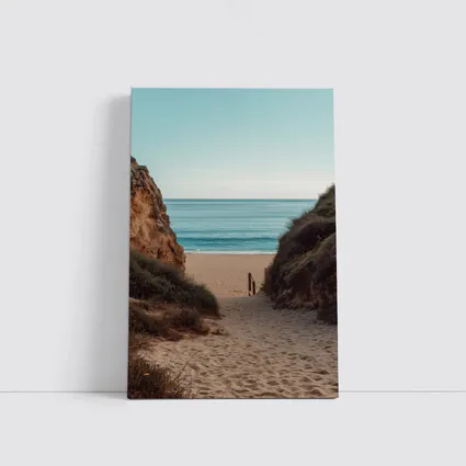 Sandy Beach Path Between Rocky Cliffs