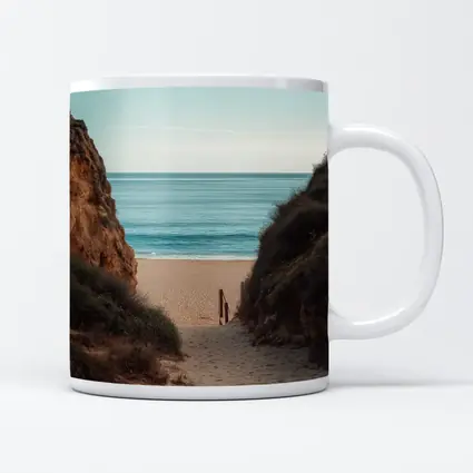 Sandy Beach Path Between Rocky Cliffs