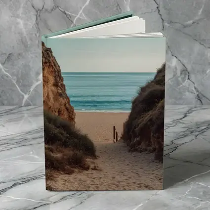 Sandy Beach Path Between Rocky Cliffs