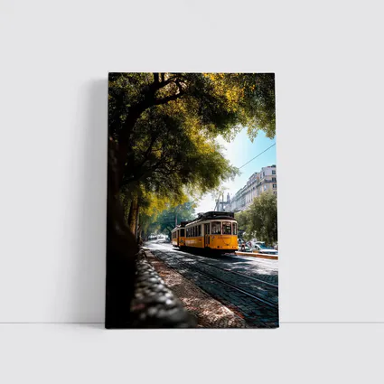 Yellow Tram on Lisbon Cobblestone Tree Street