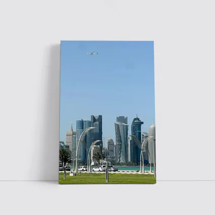 Doha Qatar Skyline With Airplane Flying