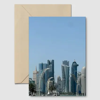 Doha Qatar Skyline With Airplane Flying