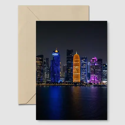 Doha Qatar Skyline Glowing At Night