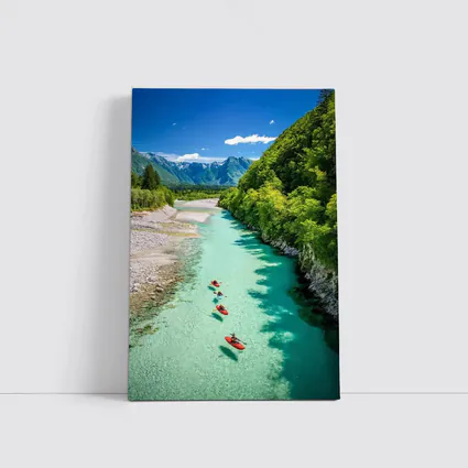 Kayakers on Clear Turquoise Mountain River