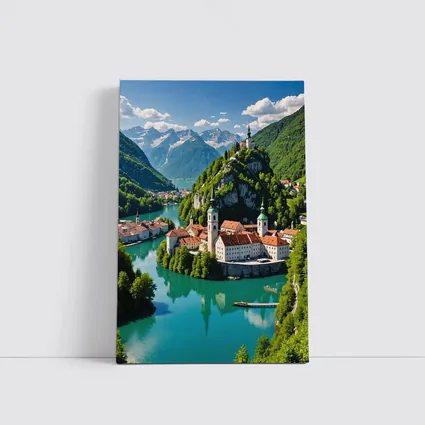 Alpine Monastery Town Turquoise River Mountains