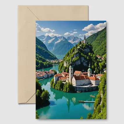 Alpine Monastery Town Turquoise River Mountains