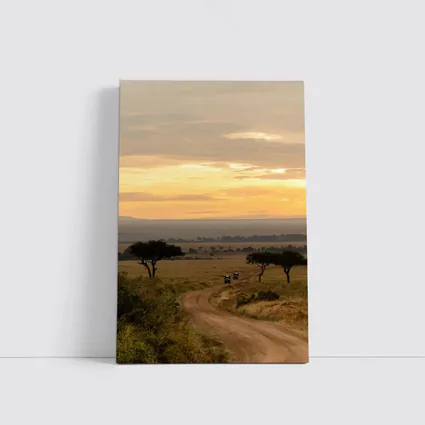 Safari Jeeps Dirt Road African Savanna Sunset