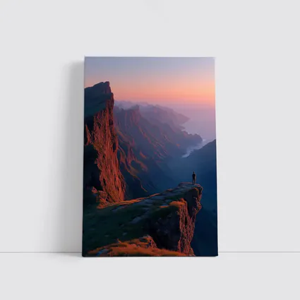 Lone Figure Standing Cliff Edge Sunset Mountains