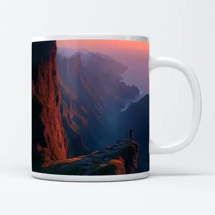Lone Figure Standing Cliff Edge Sunset Mountains