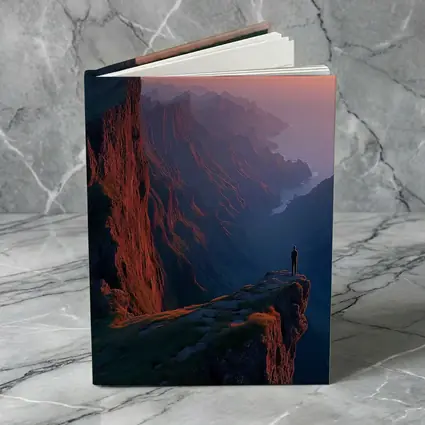 Lone Figure Standing Cliff Edge Sunset Mountains
