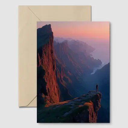 Lone Figure Standing Cliff Edge Sunset Mountains