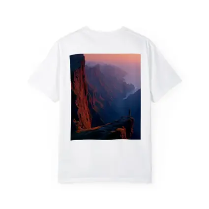 Lone Figure Standing Cliff Edge Sunset Mountains