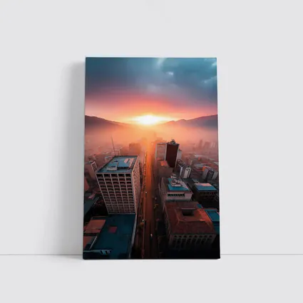 Aerial City Skyline Glowing Sunset Mountains